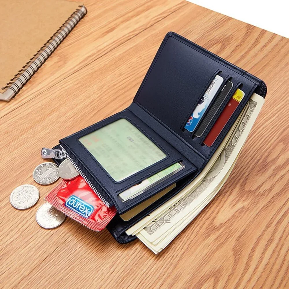Men's Wallets Card Blue Genuine Leather Slim Front Zipper Coin Pocket Design